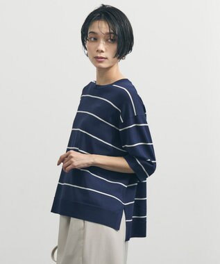 UNFILO L スゴ機能美ニット ハーフスリーブ ネイビーボーダー