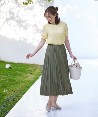 Tiaclasse 【ウエストゴム・洗える】カットソーアコーディオンプリーツスカート カーキ