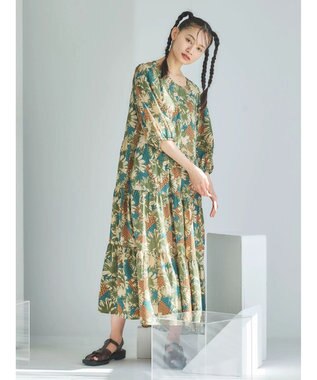 Green Parks ■ＥＳＣＡＲ　フラワーＭＩＸｐｔティアードワンピース Khaki