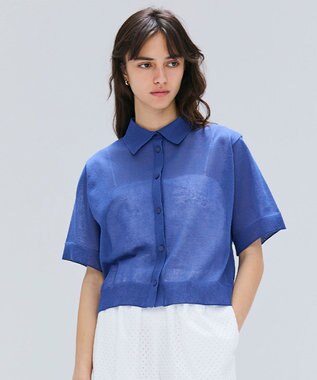 BEIGE， 【洗える・Oggi10月号掲載】MILANO / リネン混シアーポロカラーニット Blue