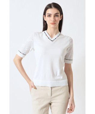 DAKS コットン混ストレッチ ロゴメッシュスリーブ Vネックプルオーバー