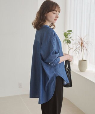 WEGO 【ANGIE VINTAGE】シアーデニムバンドカラーシャツ ネイビー