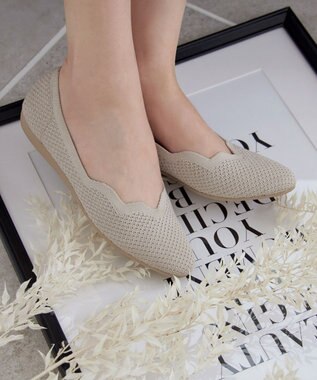 Tiaclasse 【洗える/撥水】スカラップニットフラットパンプス グレージュ