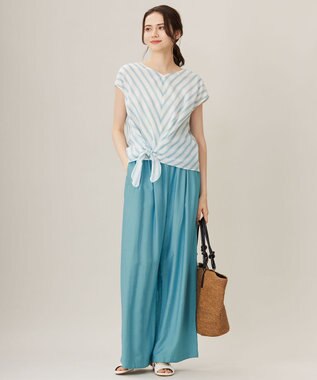 自由区 L 【洗える】テンセルリネンリボン ブラウス オフ×ブルーストライプ