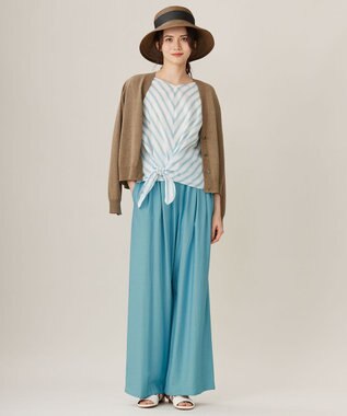 自由区 S 【洗える】テンセルリネンリボン ブラウス オフ×ブルーストライプ