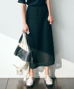 23区 【洗える】リネンコットンドライ ニットフレア スカート ブラック系