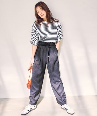 ANY L ツイストスリーブボーダートップス オフ×ブラック