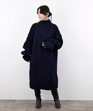 LENO ARAN ONEPIECE　アラン柄ニットワンピース NAVY