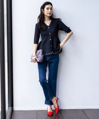 ANY SIS S シアーフリルペプラム ニット ネイビー