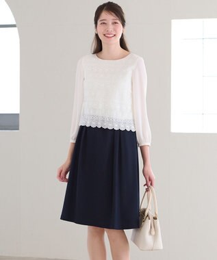 ANY SIS 【洗える】レースコンビバックサテン ワンピース ネイビー