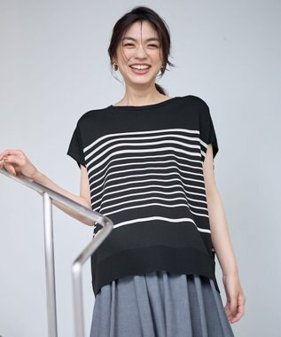 ANY L 【洗濯機可/接触冷感/UVカット/アンチピリング】フレンチスリーブニットプルオーバー ブラック×サンドベージュ