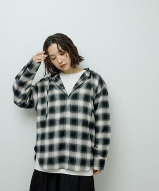 Green Parks ネルチェックフードシャツ Black