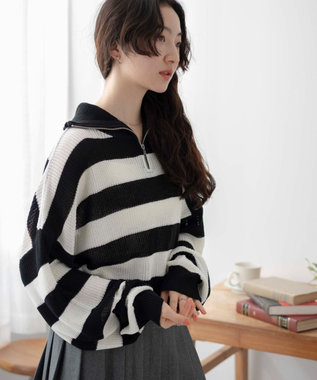 WEGO ボーダーハーフジップニットプルオーバー ブラックボーダー