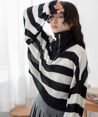 WEGO ボーダーハーフジップニットプルオーバー ブラックボーダー