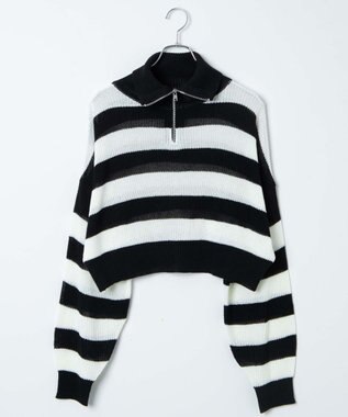 WEGO ボーダーハーフジップニットプルオーバー ブラックボーダー