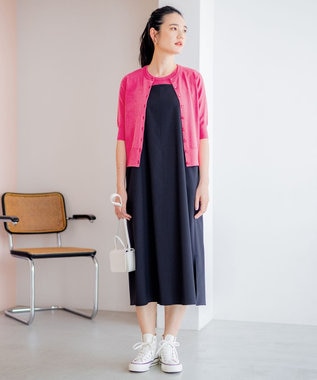 組曲 【洗える・シワになりにくい】リネン混オックスストレッチ キャミワンピース ブラック系