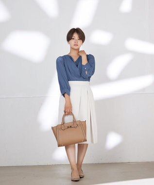 Tiaclasse 【洗える】胸元ドレープブラウス ブルー