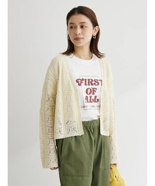 Green Parks 格子柄編みニットカーディガン Ivory