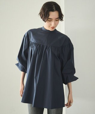 #Newans 【アイロンいらず】バストカットギャザーブラウス ネイビー