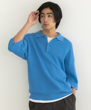 CRAFT STANDARD BOUTIQUE 透かし編み半袖ニットポロシャツ Blue