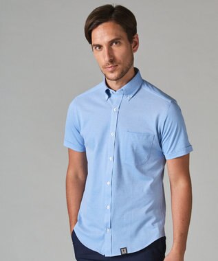 GOTAIRIKU 【吸汗速乾】クールマックス鹿の子 半袖ビズシャツ_ボタンダウン サックスブルー系