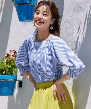 Tiaclasse L 【洗える】ストライプパフスリーブブラウス ブルー