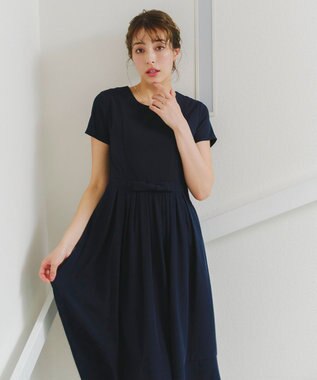 Tiaclasse 【洗える】半袖リボンギャザーフレアワンピース ネイビー