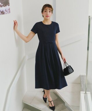 Tiaclasse 【洗える】半袖リボンギャザーフレアワンピース ネイビー