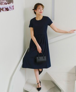 Tiaclasse 【洗える】半袖リボンギャザーフレアワンピース ネイビー