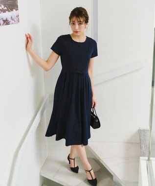 Tiaclasse 【洗える】半袖リボンギャザーフレアワンピース ネイビー