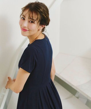 Tiaclasse 【洗える】半袖リボンギャザーフレアワンピース ネイビー