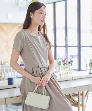 Tiaclasse 【洗える】半袖リボンギャザーフレアワンピース グレージュ