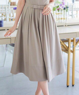 Tiaclasse 【洗える】半袖リボンギャザーフレアワンピース グレージュ