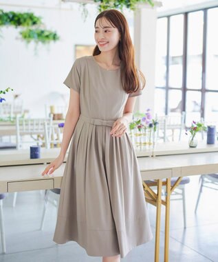 Tiaclasse 【洗える】半袖リボンギャザーフレアワンピース グレージュ