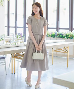 Tiaclasse 【洗える】半袖リボンギャザーフレアワンピース グレージュ