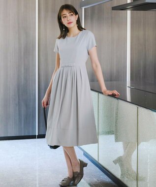 Tiaclasse 【洗える】半袖リボンギャザーフレアワンピース サックスグレー