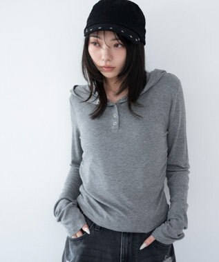 WEGO ヘンリーネックフードロンT 杢グレー