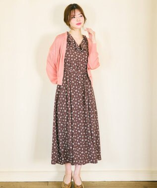 Feroux カシュクールデザイン 小花プリントワンピース ダークブラウン系