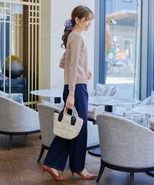 Tiaclasse 【洗える】スクエアネックリブ編みニットトップス グレージュ