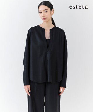  【エステータ】ウールツイルジャージー スリットネック ブラウス