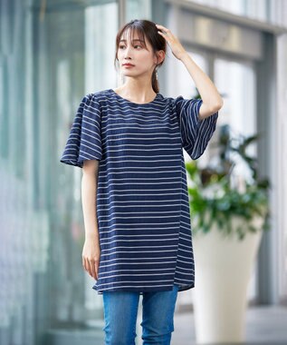 Tiaclasse 【洗える】ランダムボーダーチュニックブラウス ネイビー