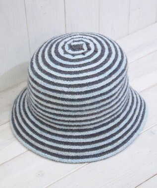 石田製帽 モヘヤ混ボーダー　バケット グレーxサックス