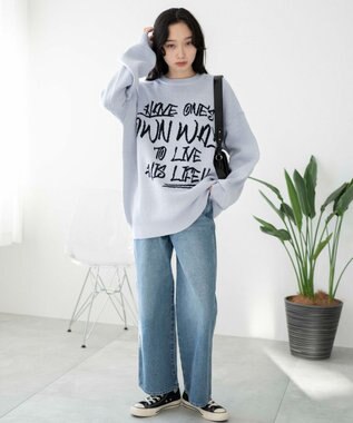 WEGO ハンドライティングジャガードニット ブルー