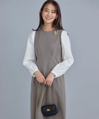 組曲 シャツスリーブポンチ ワンピース モカグレー×オフ系