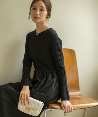 組曲 【WEB限定】リブニットコンビワンピース ブラック×ブラック系