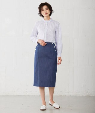 J.PRESS LADIES 【洗える】 BEZ VEGA フリル ストライプ ブラウス ネイビー系1