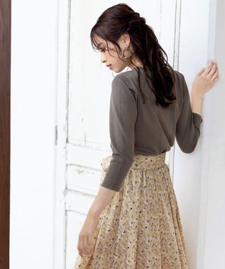 Tiaclasse 【洗える】異素材を組み合わせた花柄ドッキングワンピース カーキ