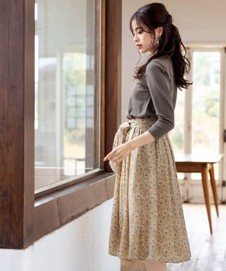 Tiaclasse 【洗える】異素材を組み合わせた花柄ドッキングワンピース カーキ