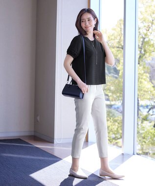 Tiaclasse L 【洗える】シアーチェック柄パフスリーブブラウス ブラック