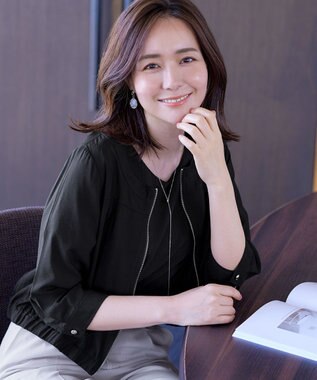 Tiaclasse L 【洗える】シアーチェック柄パフスリーブブラウス ブラック